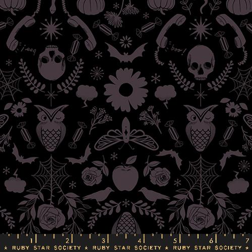 Cotton quilting fabric pattern called 'Creepy Damask in Black'. Part of the 'Good Spirits' fabric collection. Designed by Ruby Star Society for fabric company Moda. SKU:  RS5138 16. 44-45 inch width.