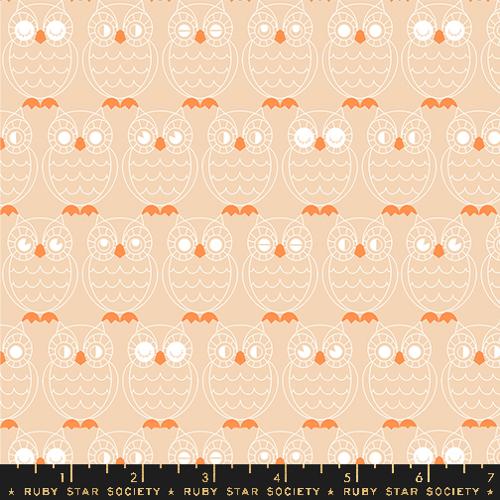 Cotton quilting fabric pattern called 'Hoos There in Creme Brûlée'. Part of the 'Good Spirits' fabric collection. Designed by Ruby Star Society for fabric company Moda. SKU: RS5140 11. 44-45 inch width.