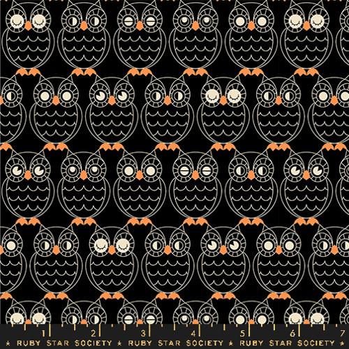 Cotton quilting fabric pattern called 'Hoos There in Black'. Part of the 'Good Spirits' fabric collection. Designed by Ruby Star Society for fabric company Moda. SKU: RS5140 15. 44-45 inch width.