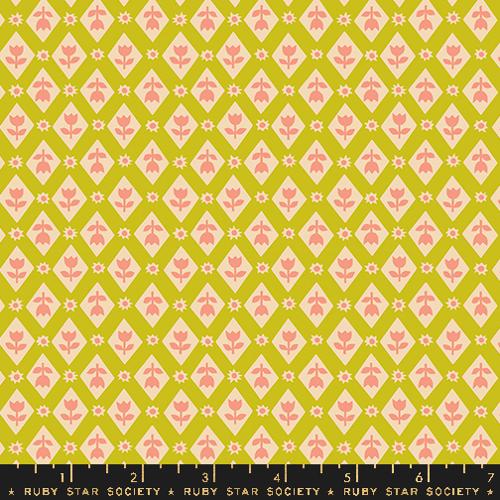 Cotton quilting fabric pattern called 'Lattice in Pistachio'. Part of the 'Favorite Flowers' fabric collection. Designed by Ruby Star Society for fabric company Ruby Star Society. SKU: RS5148 13. 44-45 inch width.