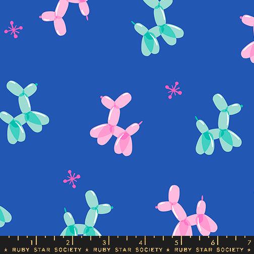 Cotton quilting fabric pattern called 'Balloon Animal in Blue Ribbon'. Part of the 'Eye Candy' fabric collection. Designed by Ruby Star Society for fabric company Ruby Star Society. SKU: RS5156 16. 44-45 inch width.