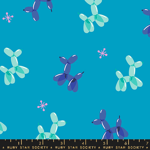 Cotton quilting fabric pattern called 'Balloon Animal in Cerulean'. Part of the 'Eye Candy' fabric collection. Designed by Ruby Star Society for fabric company Ruby Star Society. SKU: RS5156 19. 44-45 inch width.