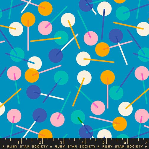 Cotton quilting fabric pattern called 'Lollies in Cerulean'. Part of the 'Eye Candy' fabric collection. Designed by Ruby Star Society for fabric company Ruby Star Society. SKU: RS5157 16. 44-45 inch width.