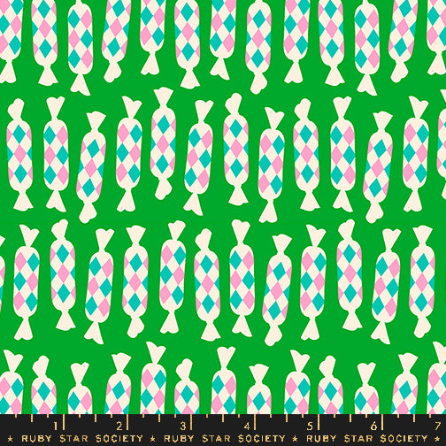 Cotton quilting fabric pattern called 'Diamond Candies in Verdant'. Part of the 'Eye Candy' fabric collection. Designed by Ruby Star Society for fabric company Ruby Star Society. SKU: RS5159 23. 44-45 inch width.