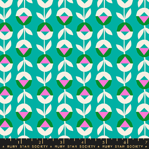 Cotton quilting fabric pattern called 'Flower Chain in Tropic'. Part of the 'Eye Candy' fabric collection. Designed by Ruby Star Society for fabric company Ruby Star Society. SKU: RS5161 19. 44-45 inch width.