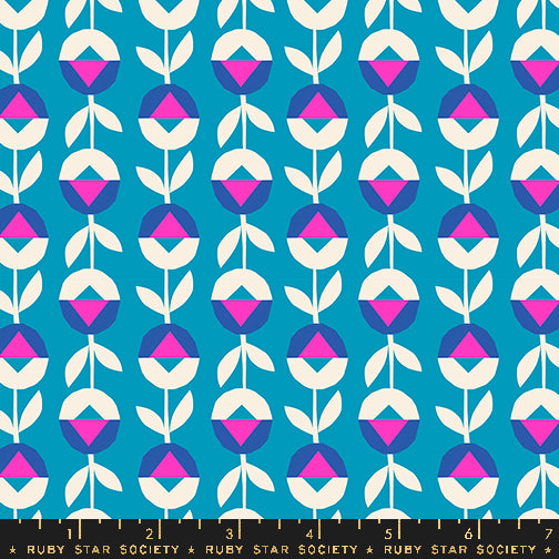 Cotton quilting fabric pattern called 'Flower Chain in Cerulean'. Part of the 'Eye Candy' fabric collection. Designed by Ruby Star Society for fabric company Ruby Star Society. SKU: RS5161 20. 44-45 inch width.