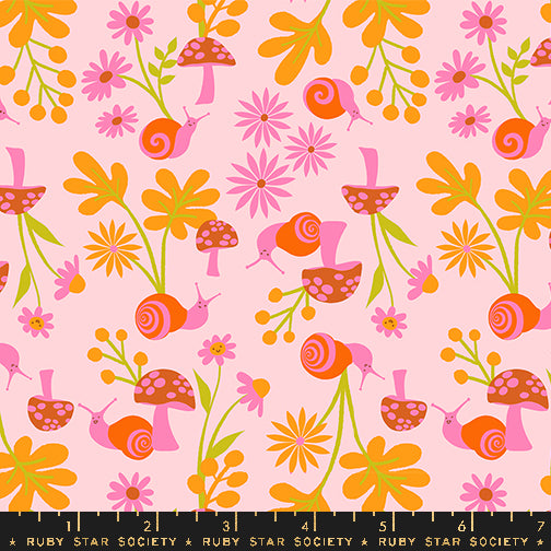 Cotton quilting fabric pattern called 'Snail Garden in Cotton Candy'. Part of the 'Animal Animal' fabric collection. Designed by Ruby Star Society for fabric company MODA. SKU: RS5163 13. 44-45 inch width.