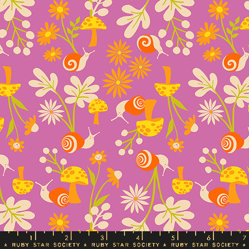 Cotton quilting fabric pattern called 'Snail Garden in Heliotrope'. Part of the 'Animal Animal' fabric collection. Designed by Ruby Star Society for fabric company MODA. SKU: RS5163 15. 44-45 inch width.