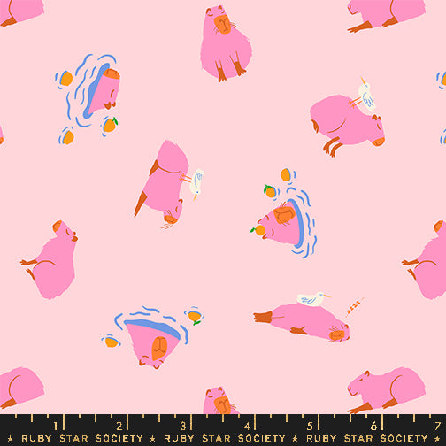 Cotton quilting fabric pattern called 'Capybara in Cotton Candy'. Part of the 'Animal Animal' fabric collection. Designed by Ruby Star Society for fabric company MODA. SKU: RS5164 12. 44-45 inch width.