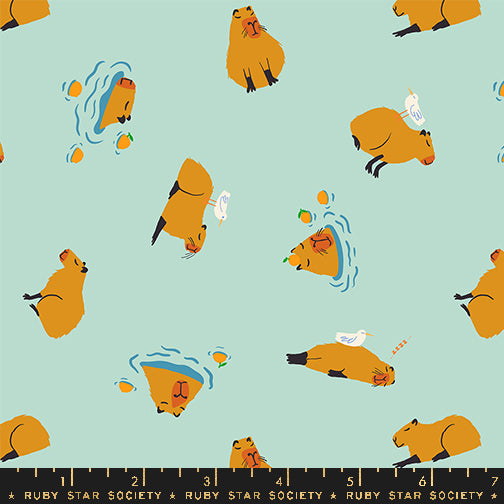 Cotton quilting fabric pattern called 'Capybara in Minty'. Part of the 'Animal Animal' fabric collection. Designed by Ruby Star Society for fabric company MODA. SKU: RS5164 13. 44-45 inch width.