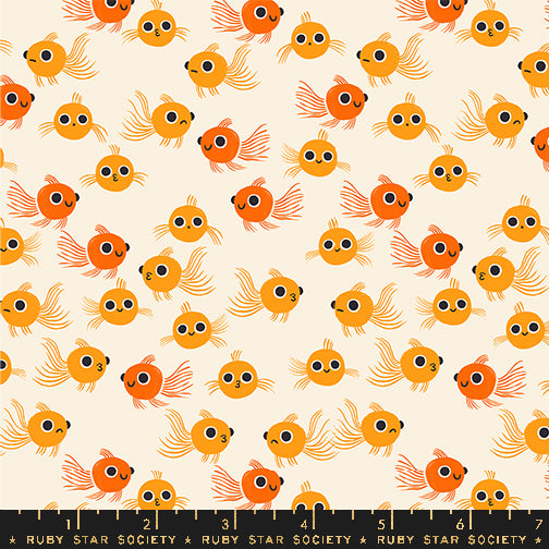 Cotton quilting fabric pattern called 'Goldfish in Orange'. Part of the 'Animal Animal' fabric collection. Designed by Ruby Star Society for fabric company MODA. SKU: RS5165 11. 44-45 inch width.