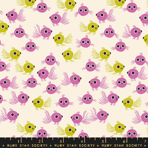 Cotton quilting fabric pattern called 'Goldfish in Heliotrope'. Part of the 'Animal Animal' fabric collection. Designed by Ruby Star Society for fabric company MODA. SKU: RS5165 12. 44-45 inch width.