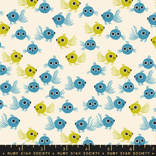 Cotton quilting fabric pattern called 'Goldfish in Vintage Blue'. Part of the 'Animal Animal' fabric collection. Designed by Ruby Star Society for fabric company MODA. SKU: RS5165 13. 44-45 inch width.