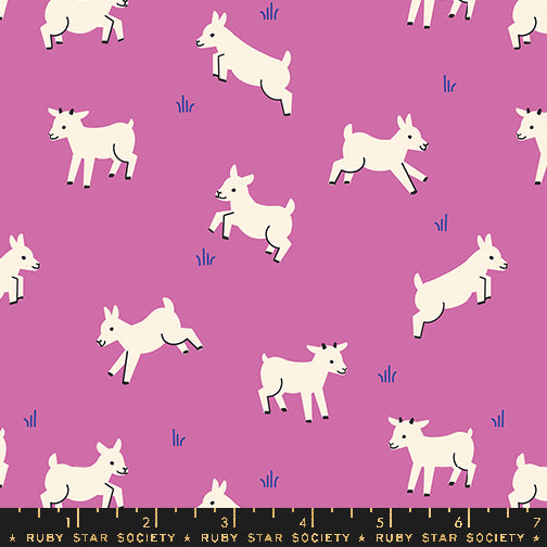 Cotton quilting fabric pattern called 'Baby Goats in Heliotrope'. Part of the 'Animal Animal' fabric collection. Designed by Ruby Star Society for fabric company MODA. SKU: RS5166 12. 44-45 inch width.