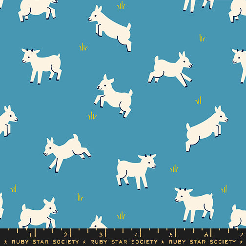 Cotton quilting fabric pattern called 'Baby Goats in Vintage Blue'. Part of the 'Animal Animal' fabric collection. Designed by Ruby Star Society for fabric company MODA. SKU: RS5166 13. 44-45 inch width.