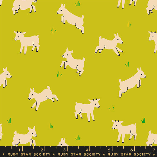 Cotton quilting fabric pattern called 'Baby Goats in Pistachio'. Part of the 'Animal Animal' fabric collection. Designed by Ruby Star Society for fabric company MODA. SKU: RS5166 14. 44-45 inch width.