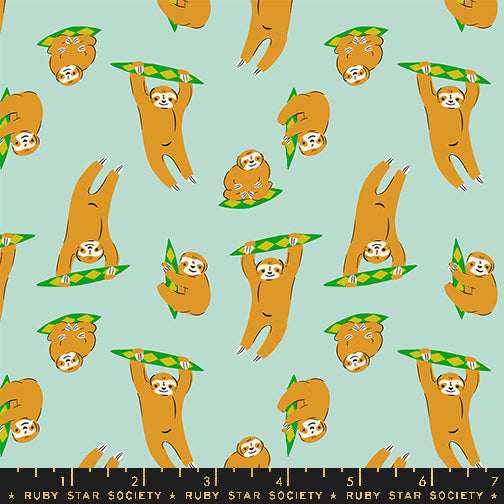 Cotton quilting fabric pattern called 'Sloth in Minty'. Part of the 'Animal Animal' fabric collection. Designed by Ruby Star Society for fabric company MODA. SKU: RS5168 14. 44-45 inch width.