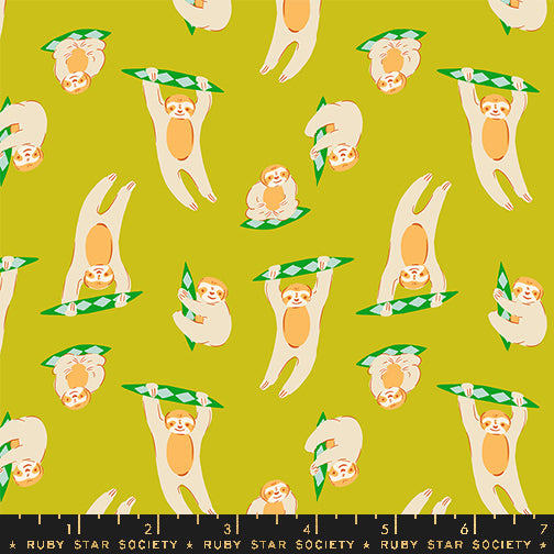 Cotton quilting fabric pattern called 'Sloth in Pistachio'. Part of the 'Animal Animal' fabric collection. Designed by Ruby Star Society for fabric company MODA. SKU: RS5168 15. 44-45 inch width.