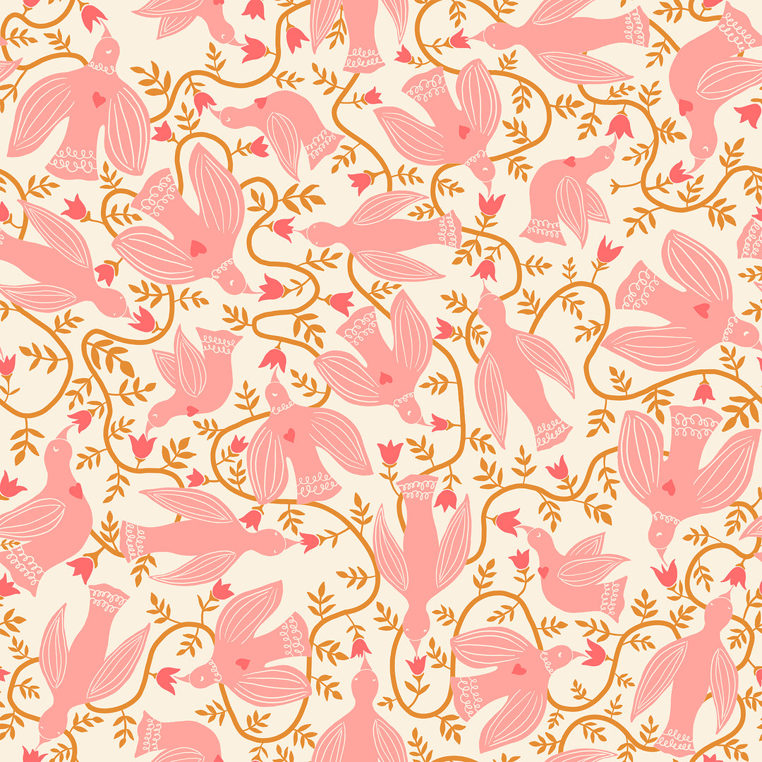 Cotton quilting fabric pattern called 'Hummingbirds in Natural'. Part of the 'Endpaper' fabric collection. Designed by Jen Hewett for fabric company Ruby Star Society. SKU: RS6040 11. 44-45 inch width.