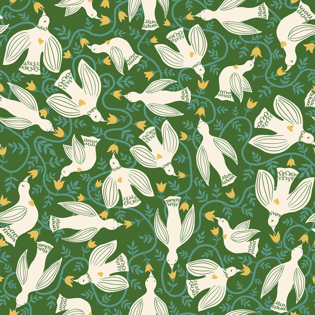 Cotton quilting fabric pattern called 'Hummingbirds in Sarah Green'. Part of the 'Endpaper' fabric collection. Designed by Jen Hewett for fabric company Ruby Star Society. SKU: RS6040 12. 44-45 inch width.