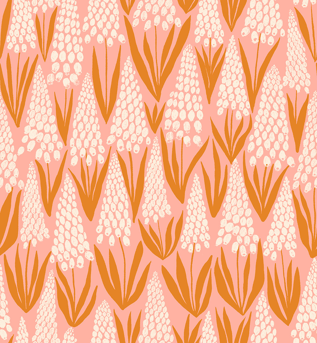 Cotton quilting fabric pattern called 'Muscari in Bashful'. Part of the 'Endpaper' fabric collection. Designed by Jen Hewett for fabric company Ruby Star Society. SKU: RS6041 11. 44-45 inch width.