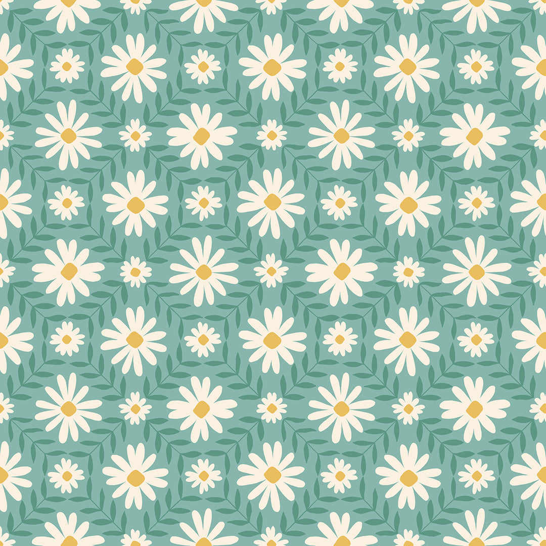 Cotton quilting fabric pattern called 'Floral Endpaper in Water'. Part of the 'Endpaper' fabric collection. Designed by Jen Hewett for fabric company Ruby Star Society. SKU: RS6044 15. 44-45 inch width.