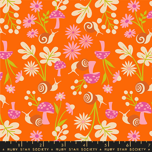 Cotton quilting fabric pattern called 'Snail Garden in Goldfish'. Part of the 'Animal Animal' fabric collection. Designed by Ruby Star Society for fabric company MODA. SKU: RS5163 11. 44-45 inch width.