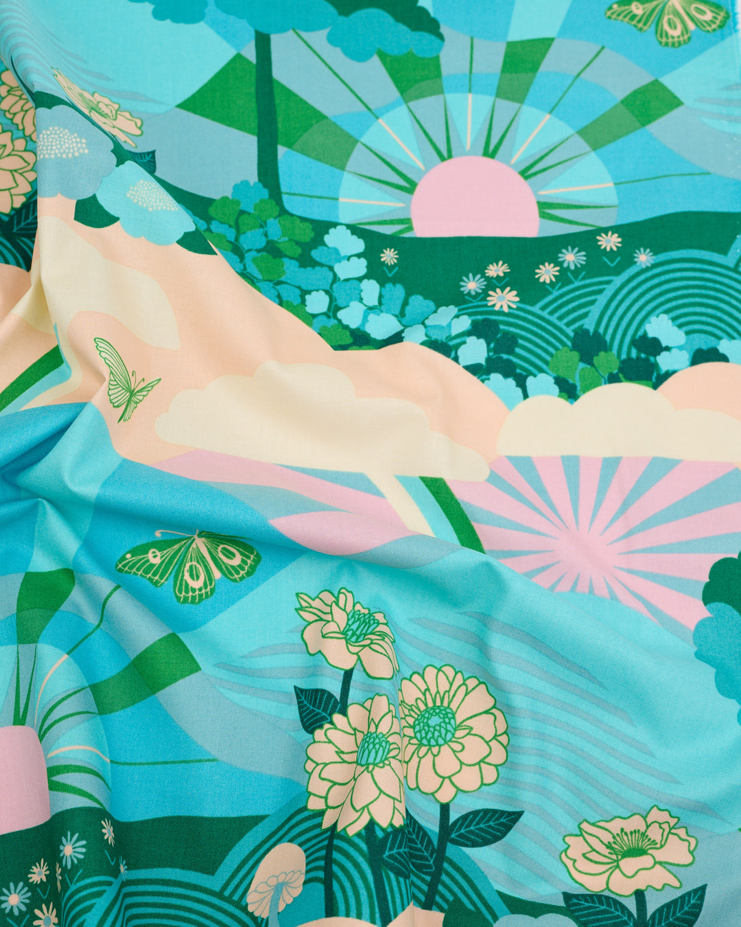 Cotton quilting fabric pattern called 'Hello Sunshine in Turquoise'. Part of the 'Rise and Shine' fabric collection. Designed by Melody Miller of Ruby Star Society for fabric company Moda Fabrics. SKU: RS0076 13. 44-45 inch width.