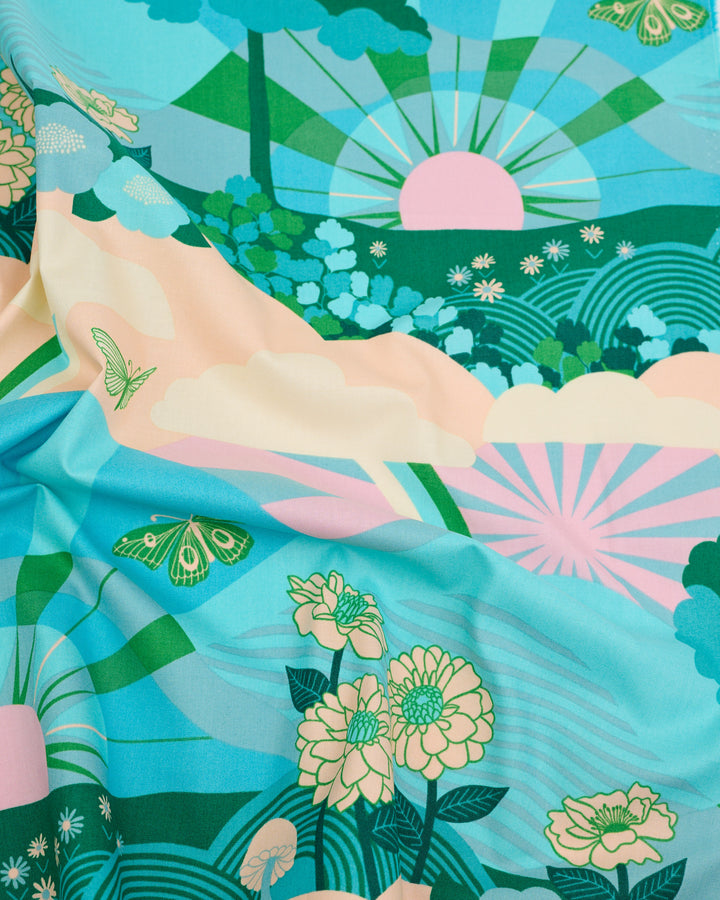 Cotton quilting fabric pattern called 'Hello Sunshine in Turquoise'. Part of the 'Rise and Shine' fabric collection. Designed by Melody Miller of Ruby Star Society for fabric company Moda Fabrics. SKU: RS0076 13. 44-45 inch width.