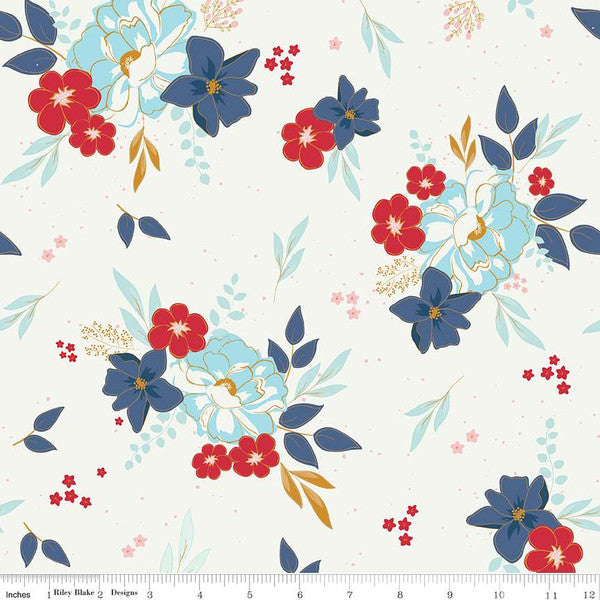 Cotton quilting fabric pattern called 'Main Sand Dollar Sparkle'. Part of the 'Sweet Freedom' fabric collection. Designed by Beverly McCullough for fabric company Riley Blake Designs. SKU: SC14410R-SAND. 44-45 inch width.