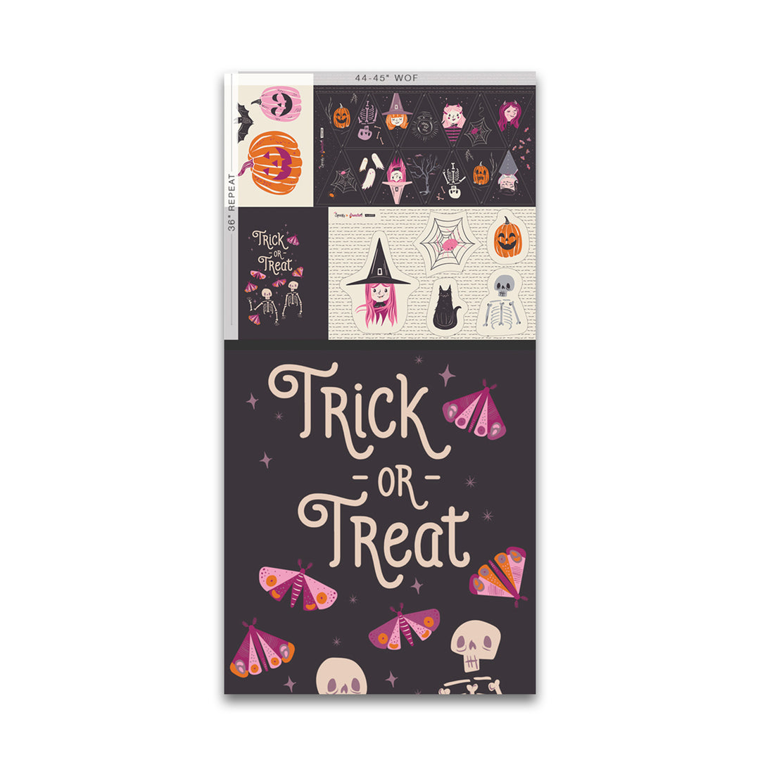 Cotton quilting fabric pattern called '36" x 44" Sweet Haunting Panel'. Part of the 'Spooky 'N Sweeter' fabric collection. Designed by AGF Studio for fabric company Art Gallery Fabrics. SKU: SNS-13028. 44-45 inch width.