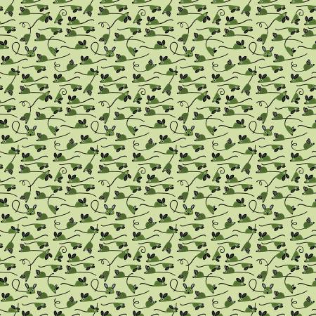 Cotton quilting fabric pattern called 'Mice in Pea'. Part of the 'Feline Fancy' fabric collection. Designed by Leeza Hernandez for fabric company Dear Stella. SKU: ST-DLW2908PEA. 44-45 inch width.