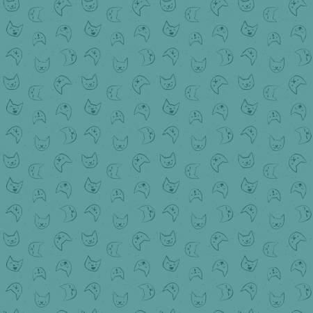 Cotton quilting fabric pattern called 'Emoti Cats in Teal'. Part of the 'Lazy Sunday' fabric collection. Designed by Pammie Jane Collection for fabric company Dear Stella. SKU: ST-DPJ2898TEAL. 44-45 inch width.