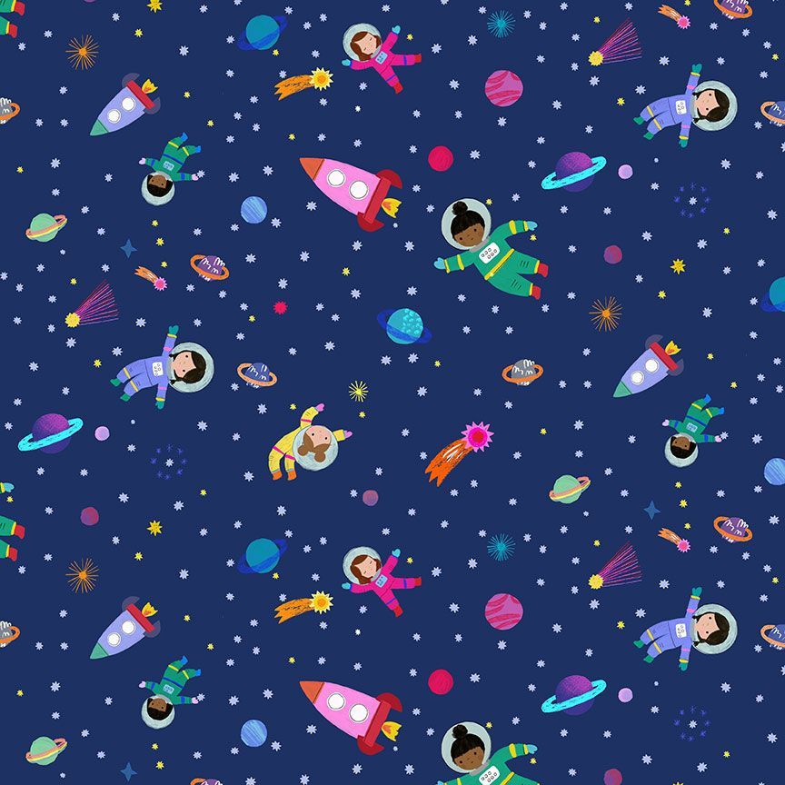 Cotton quilting fabric pattern called 'A Space Odyssey in Midnight'. Part of the 'To the Moon' fabric collection. Designed by Dear Stella Collection for fabric company Dear Stella. SKU: ST-D2861MIDNIGHT. 44-45 inch width.