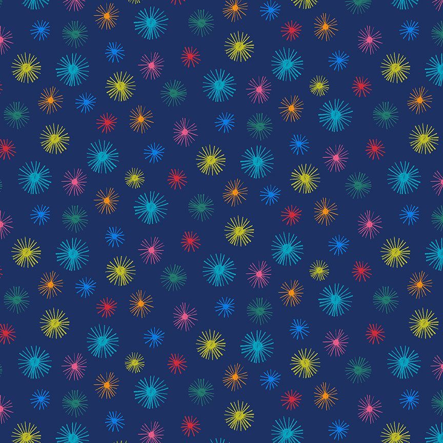 Cotton quilting fabric pattern called 'Star Burst in Midnight'. Part of the 'To the Moon' fabric collection. Designed by Dear Stella Collection for fabric company Dear Stella. SKU: ST-D2863MIDNIGHT. 44-45 inch width.