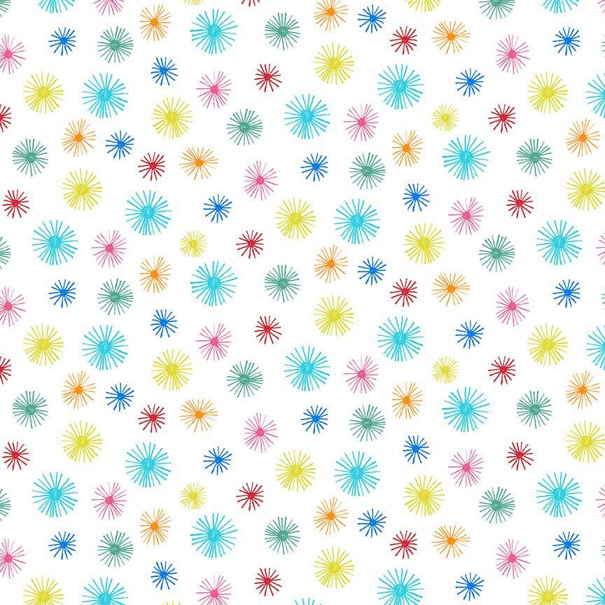 Cotton quilting fabric pattern called 'Star Burst in White'. Part of the 'To the Moon' fabric collection. Designed by Dear Stella Collection for fabric company Dear Stella. SKU: ST-D2863WHITE. 44-45 inch width.