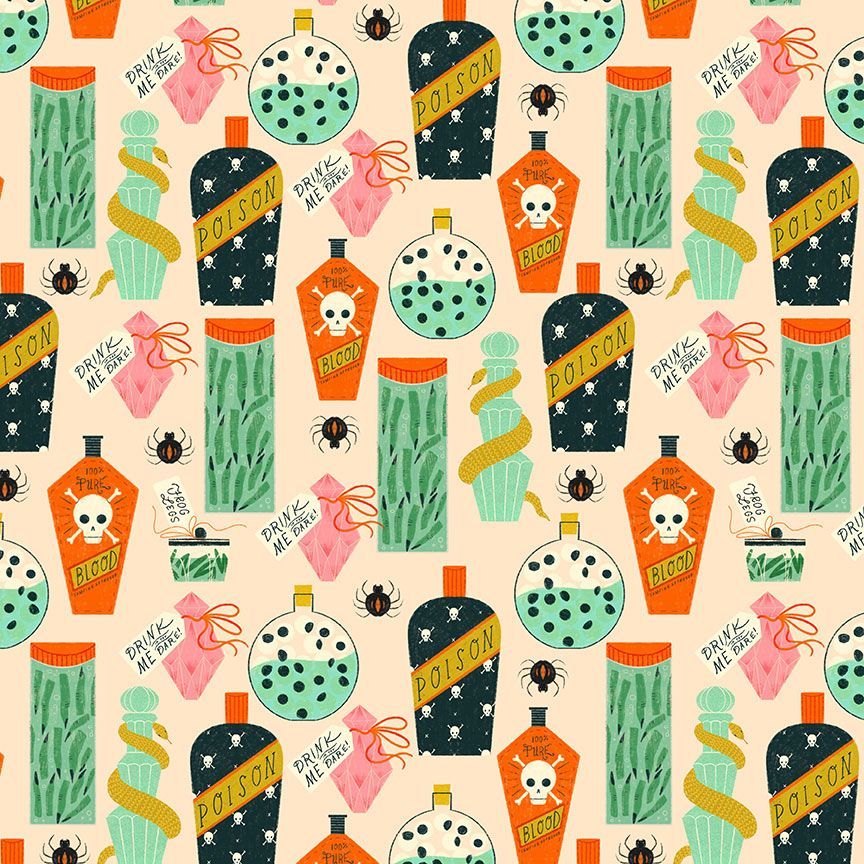 Cotton quilting fabric pattern called 'Potions in Vanilla'. Part of the 'Boo!' fabric collection. Designed by Dear Stella Fabrics for fabric company Dear Stella Fabrics. SKU: ST-DFG2457VANILLA. 44-45 inch width.