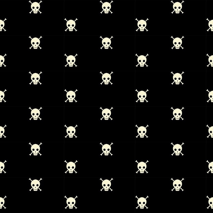 Cotton quilting fabric pattern called 'Skull and Bones in Black'. Part of the 'Boo!' fabric collection. Designed by Dear Stella Fabrics for fabric company Dear Stella Fabrics. SKU: ST-DFG2458BLACK. 44-45 inch width.