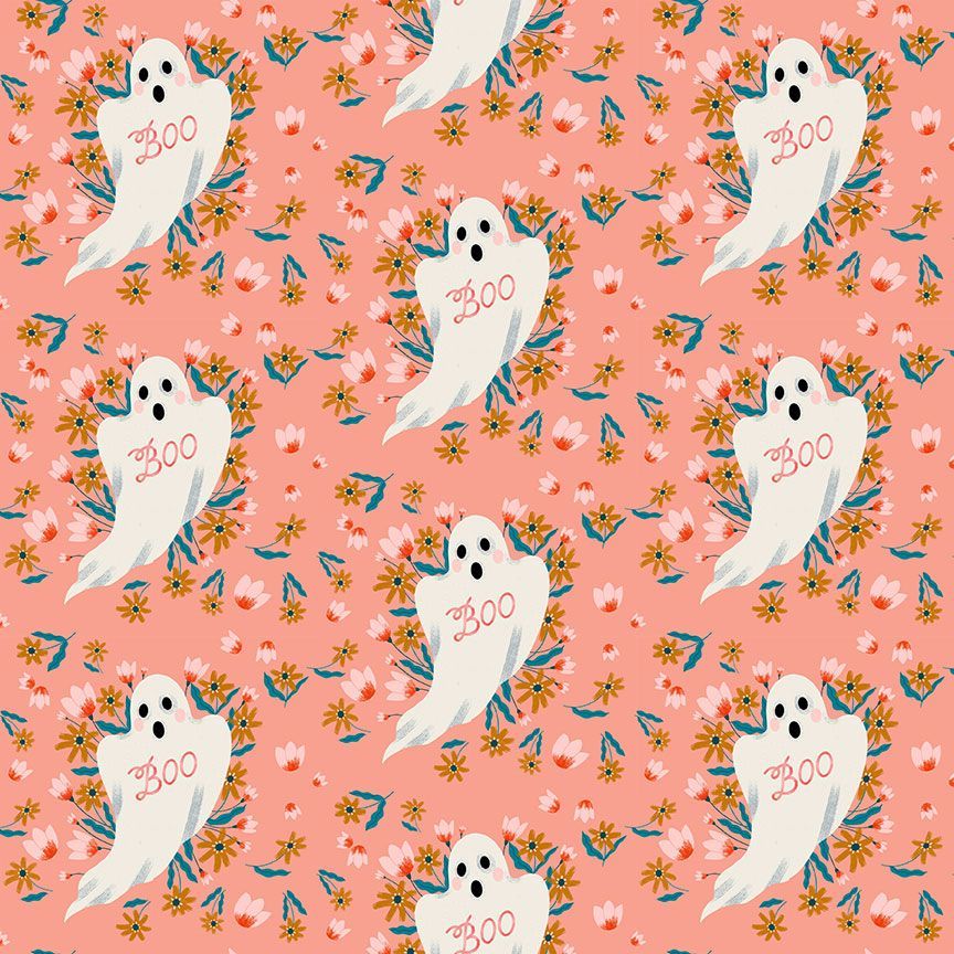 Cotton quilting fabric pattern called 'Boo in Papaya'. Part of the 'Boo!' fabric collection. Designed by Dear Stella Fabrics for fabric company Dear Stella Fabrics. SKU: ST-DFG2460PAPAYA. 44-45 inch width.