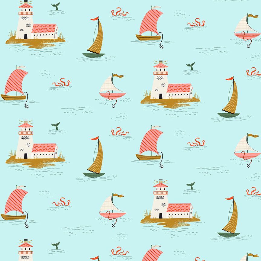 Cotton quilting fabric pattern called 'Octopus Toile in Hydro'. Part of the 'Seafarer' fabric collection. Designed by Dear Stella for fabric company Dear Stella. SKU: ST-DFG2713HYDRO. 44-45 inch width.