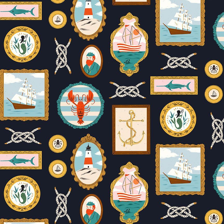 Cotton quilting fabric pattern called 'Sticks and Stones in Navy'. Part of the 'Seafarer' fabric collection. Designed by Dear Stella for fabric company Dear Stella. SKU: ST-DFG2714NAVY. 44-45 inch width.