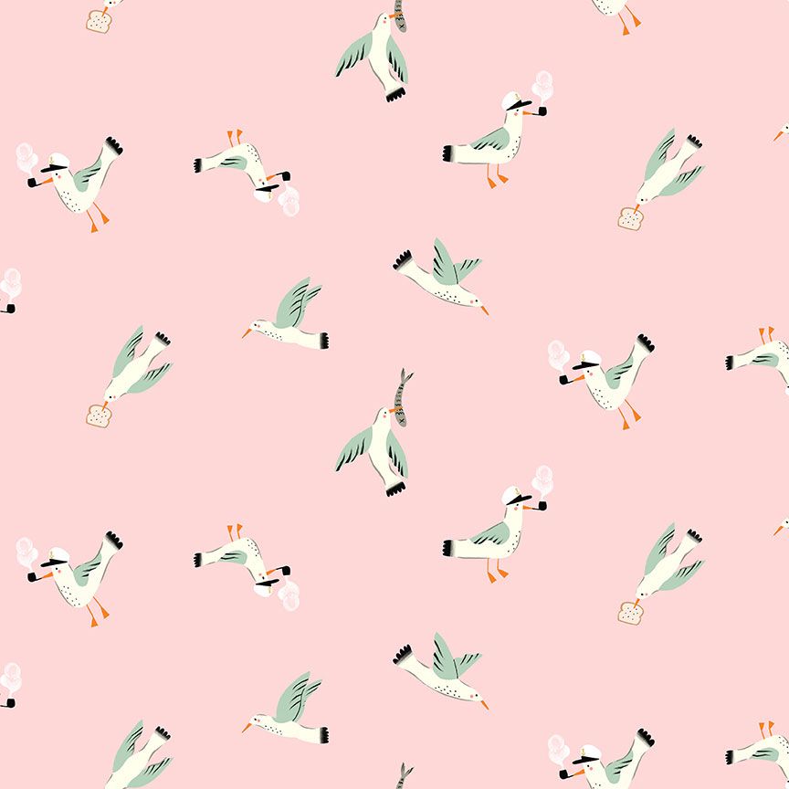 Cotton quilting fabric pattern called 'Seagulls in Blush'. Part of the 'Seafarer' fabric collection. Designed by Dear Stella for fabric company Dear Stella. SKU: ST-DFG2715BLUSH. 44-45 inch width.