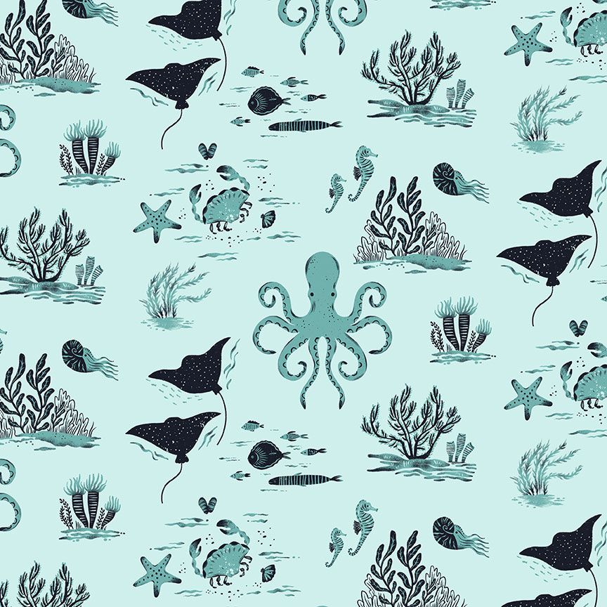 Cotton quilting fabric pattern called 'Sailboats in Hydro'. Part of the 'Seafarer' fabric collection. Designed by Dear Stella for fabric company Dear Stella. SKU: ST-DFG2716HYDRO. 44-45 inch width.