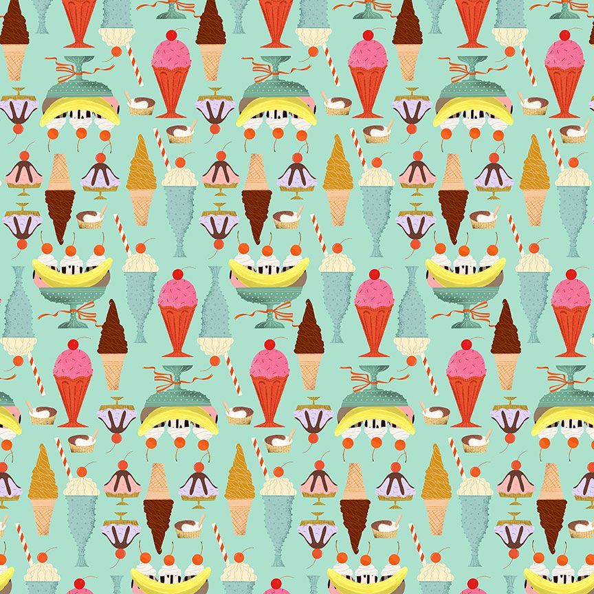 Cotton quilting fabric pattern called 'Scoops in Opal'. Part of the 'Ticket to Ride' fabric collection. Designed by Faye Guanipa Collection for fabric company Dear Stella. SKU: ST-DFG2872OPAL. 44-45 inch width.