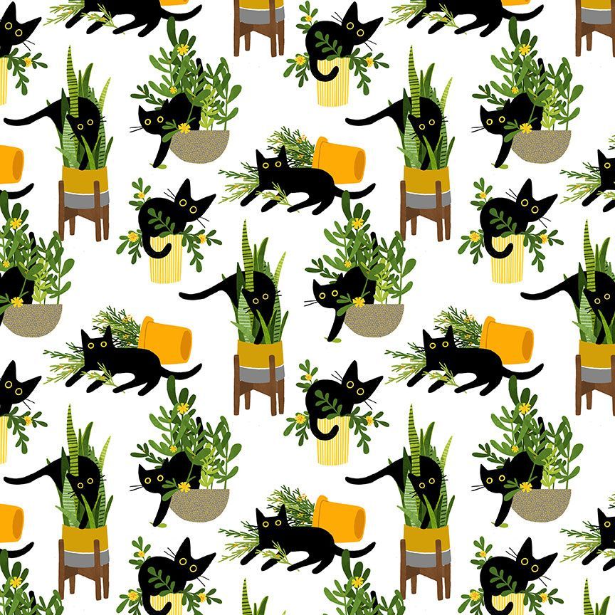 Cotton quilting fabric pattern called 'Just Purrlanted in White'. Part of the 'Feline Fancy' fabric collection. Designed by Leeza Hernandez for fabric company Dear Stella. SKU: ST-DLW2662WHITE. 44-45 inch width.