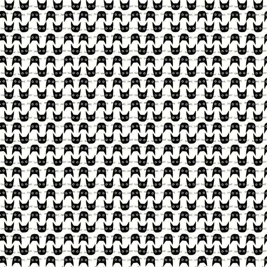 Cotton quilting fabric pattern called 'Cat Heads in White'. Part of the 'Feline Fancy' fabric collection. Designed by Leeza Hernandez for fabric company Dear Stella. SKU: ST-DLW2664WHITE. 44-45 inch width.