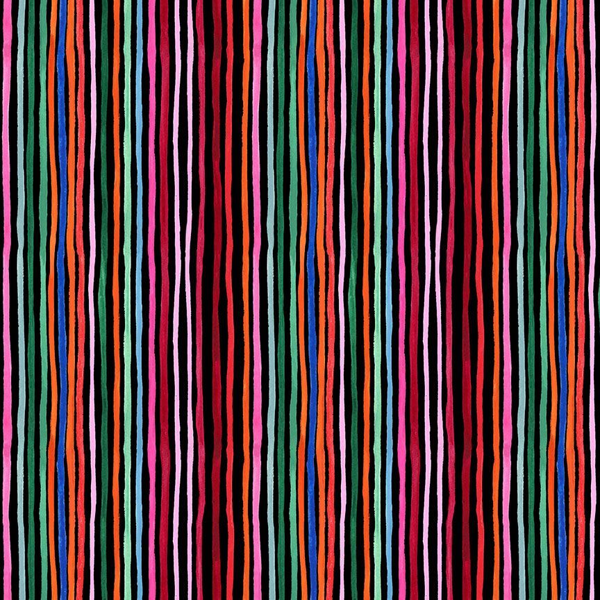 Cotton quilting fabric pattern called 'Mexican Stripe in Coal'. Part of the 'Hola Frida' fabric collection. Designed by Miriam Collection for fabric company Dear Stella. SKU: ST-DMB2867COAL. 44-45 inch width.