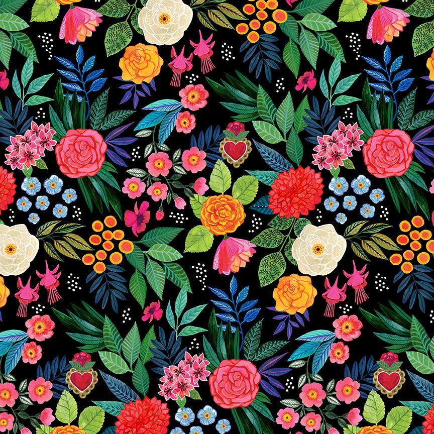 Cotton quilting fabric pattern called 'Bellezza in Coal'. Part of the 'Hola Frida' fabric collection. Designed by Miriam Collection for fabric company Dear Stella. SKU: ST-DMB2868COAL. 44-45 inch width.