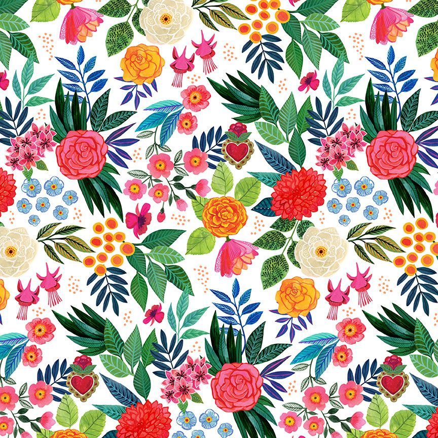 Cotton quilting fabric pattern called 'Bellezza in White'. Part of the 'Hola Frida' fabric collection. Designed by Miriam Collection for fabric company Dear Stella. SKU: ST-DMB2868WHITE. 44-45 inch width.