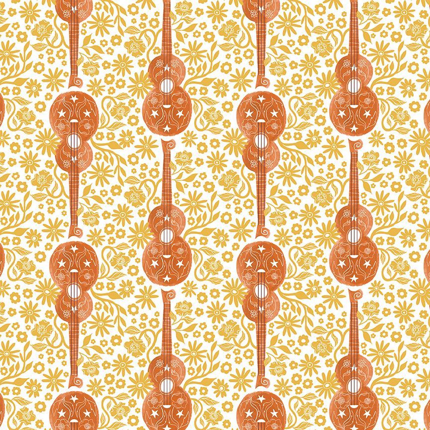 Cotton quilting fabric pattern called 'Guitar in Sun'. Part of the 'Shine On' fabric collection. Designed by Rae Ritchie for fabric company Dear Stella. SKU: ST-DRR2680SUN. 44-45 inch width.